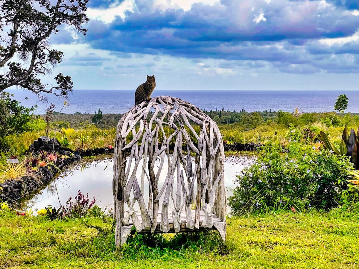 Garden art by the pond