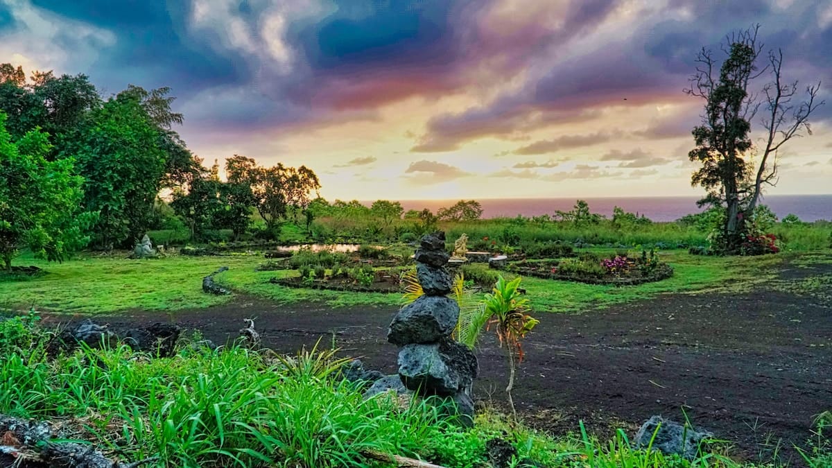 Stone labyrinth at sunset